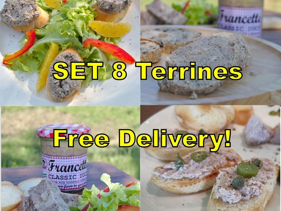 8 Terrines Canard Classique, Sauvage, Foie de Canard et terrine de